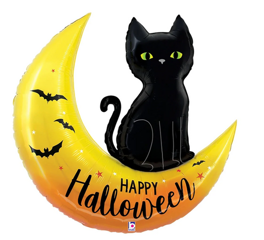 Yellow crescent moon foil balloon with black bats and a black cat silhouette, "Happy Halloween" text.