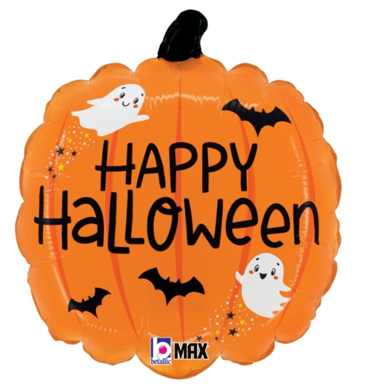 18-inch orange foil balloon shaped like a pumpkin with black stem, "Happy Halloween" text, black bats, and white ghosts.