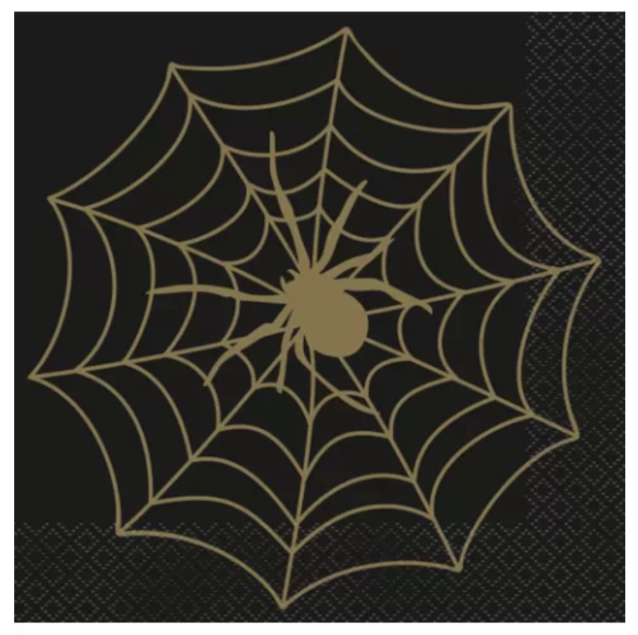Black paper luncheon napkin with shiny gold spider and web design.