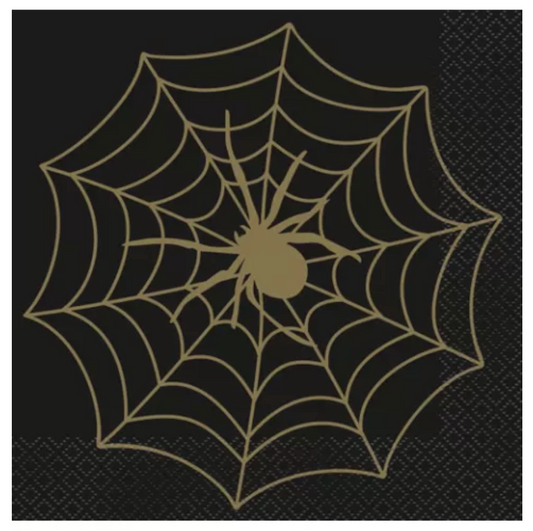 Black paper luncheon napkin with shiny gold spider and web design.