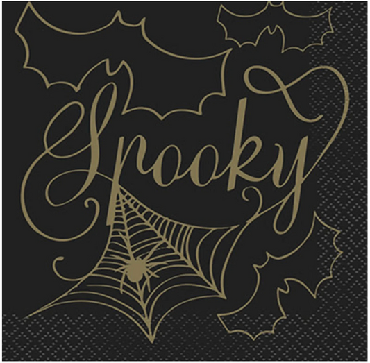 Black paper napkin with gold spiderweb, bats, and "Spooky" script for Halloween party decor.