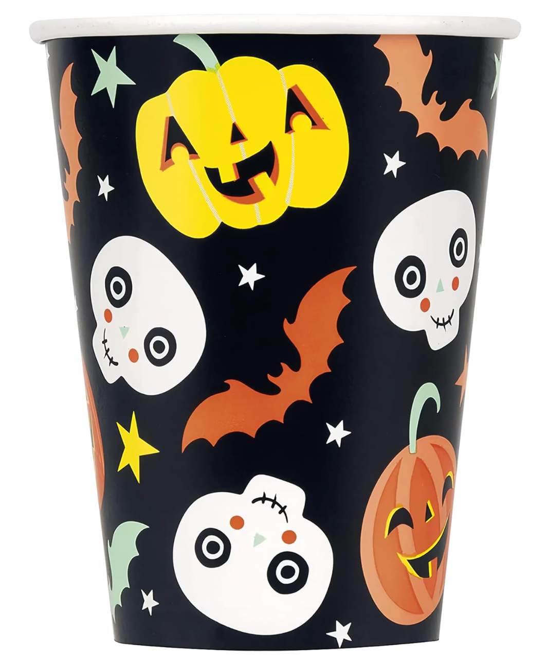 Black paper cup with colorful pastel Halloween pumpkins, white skulls, bats, and stars design.