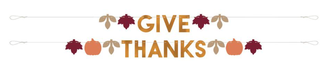 6ft horizontal Thanksgiving banner with “Give Thanks” text in brown and orange, decorated with pumpkins and autumn leaves.