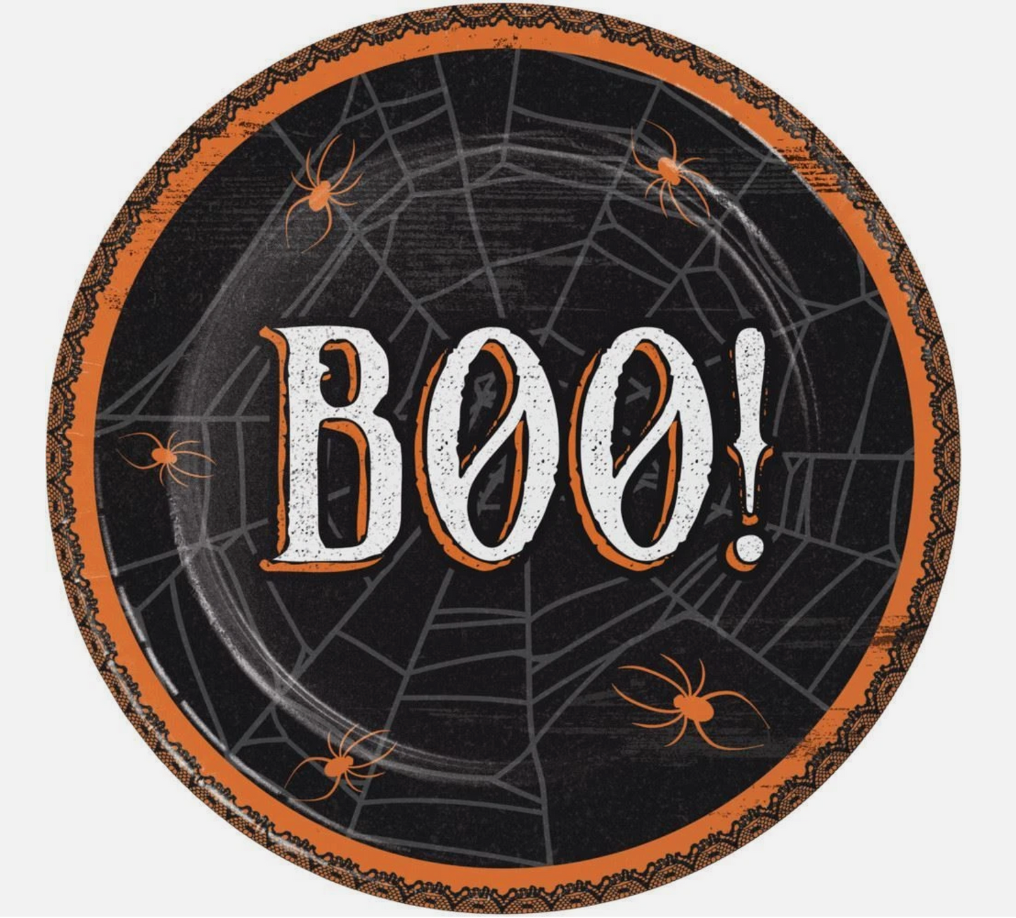 Round black luncheon plate with orange border, white "BOO!" text, spiderweb, and small orange spiders.