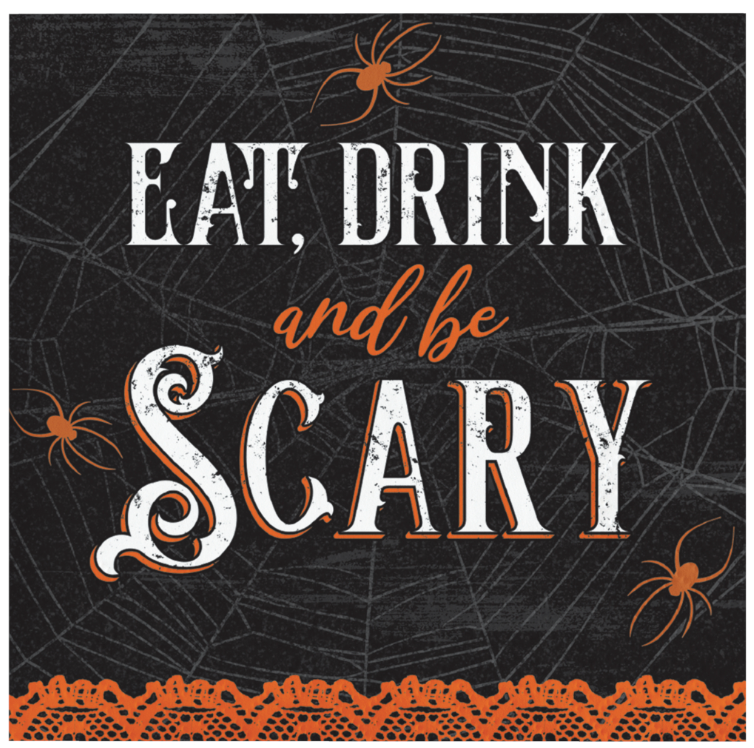Black square beverage napkin with white spiderweb background, orange spiders, and "Eat, Drink and be Scary" text in white.