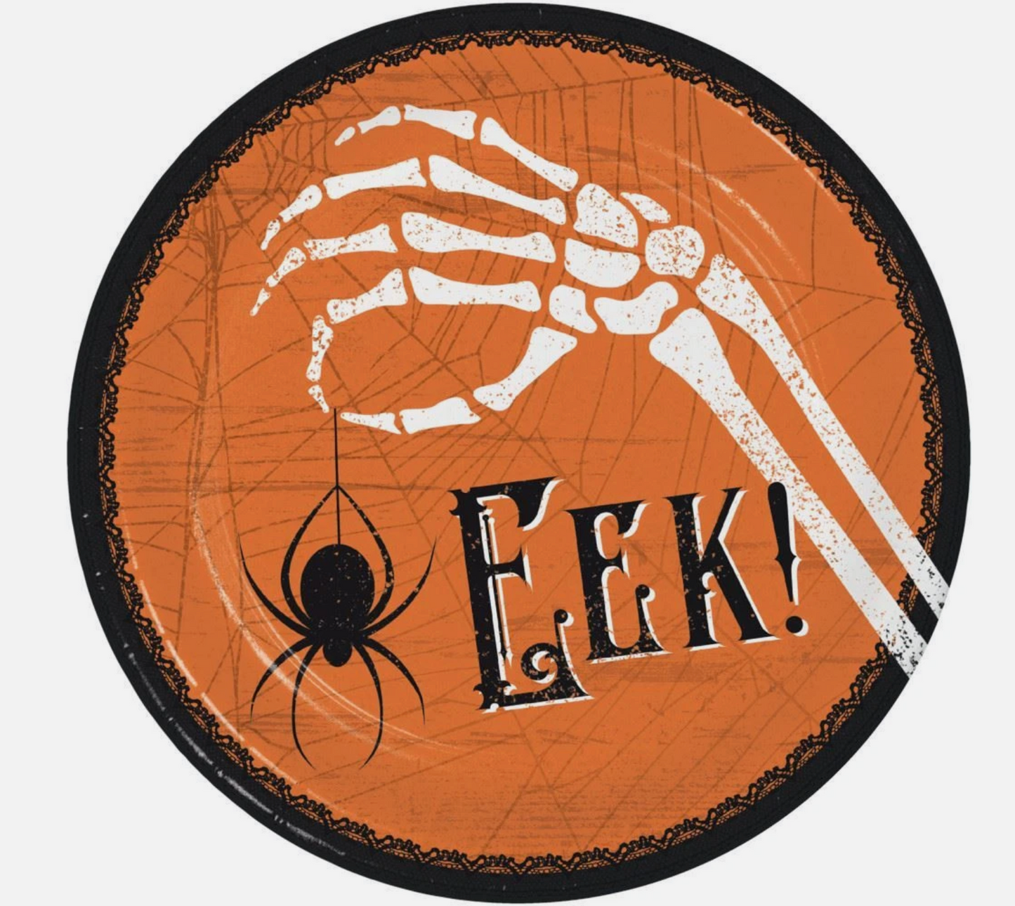 Round orange plate with black spider web border, white skeleton hand holding black spider, and "Eek!" text in black and.