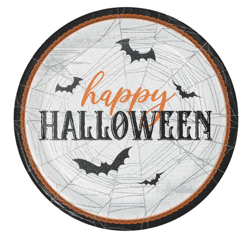 Round Halloween dinner plate with spider webs, black bats, and "happy HALLOWEEN" text in orange and black.
