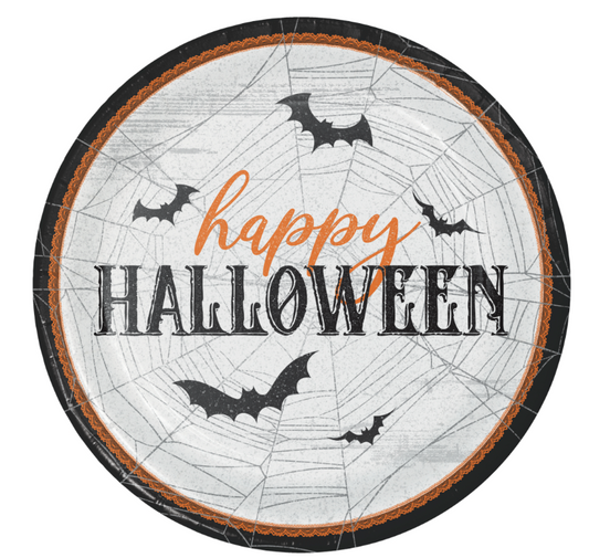 Round Halloween dinner plate with spider webs, black bats, and "happy HALLOWEEN" text in orange and black.