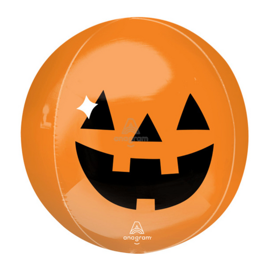 Round 16-inch bright orange foil balloon with black jack-o'-lantern face for Halloween decoration.