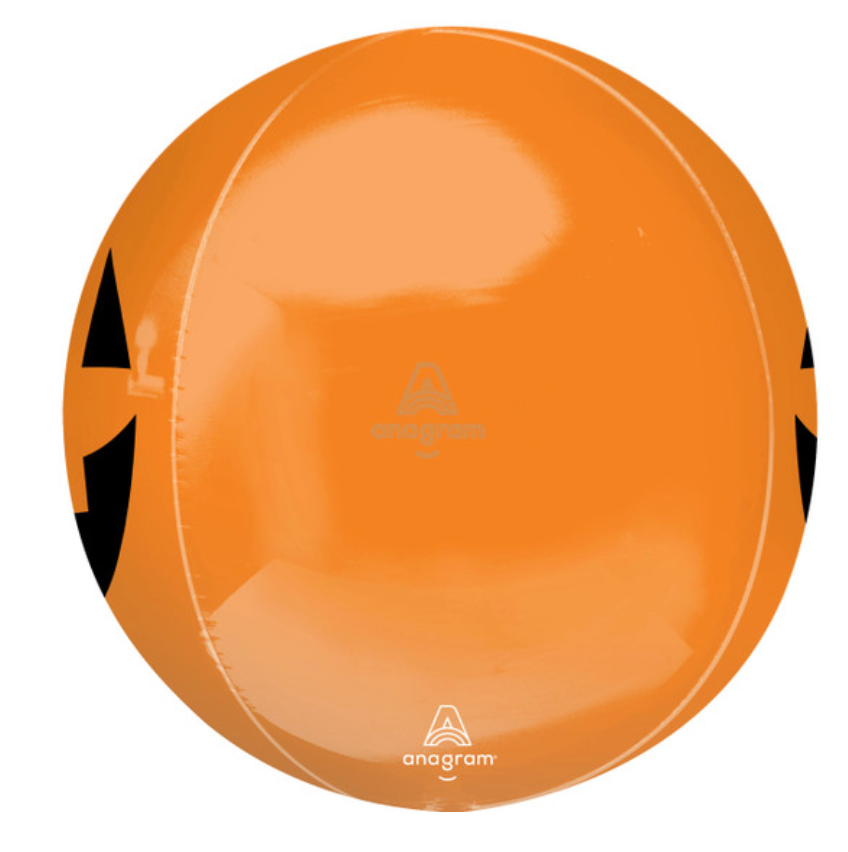 16-inch round orange foil balloon with black jack-o'-lantern face for Halloween decoration.