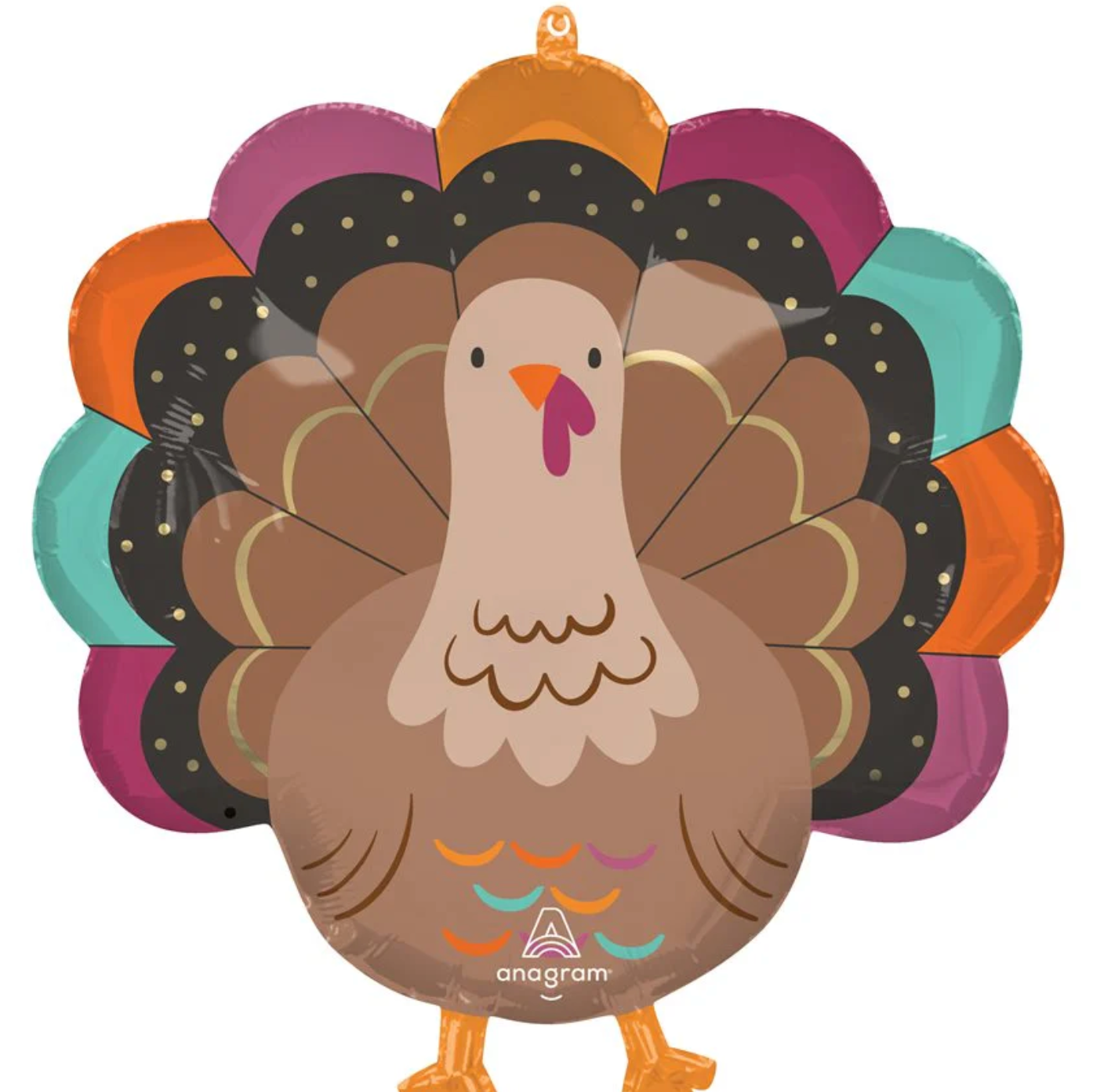 23-inch foil balloon shaped like a colorful turkey with teal, orange, pink, and black tail feathers and "Give Thanks" text.