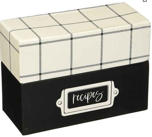 Black rectangular recipe box with white plaid lid and chalkboard-style "recipes" label on front.