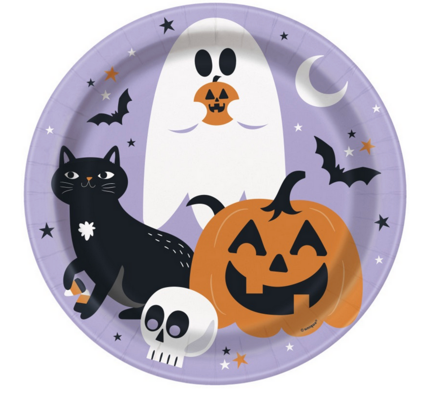 Purple 9-inch paper plate with ghost, black cat, jack-o'-lantern, skull, bats, stars, and crescent moon Halloween design.