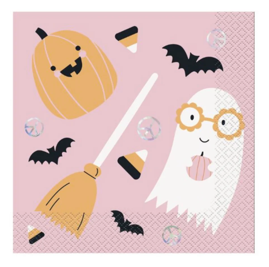 Pink Halloween napkin with cartoon ghost, pumpkin, bats, candy corn, broom, and spider webs designs.