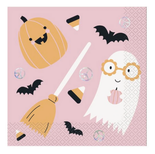 Pink Halloween napkin with cartoon ghost, pumpkin, bats, candy corn, broom, and spider webs designs.