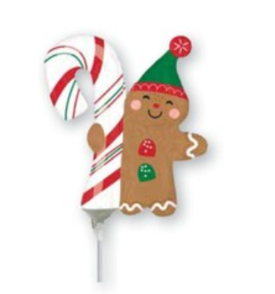 14-inch foil balloon shaped like a smiling gingerbread man holding a striped candy cane with red, white, and green colors.