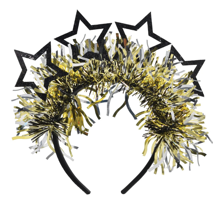 Black plastic headband with black star outlines and gold and silver metallic tinsel trim.