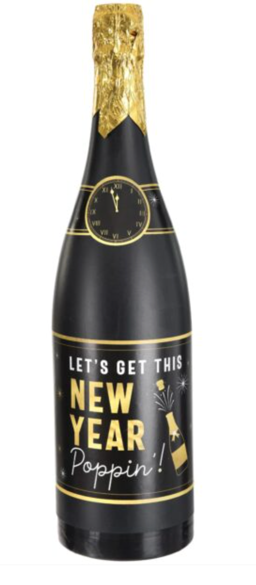 Black and gold giant champagne bottle party popper with clock and "Let's Get This New Year Poppin'" text.
