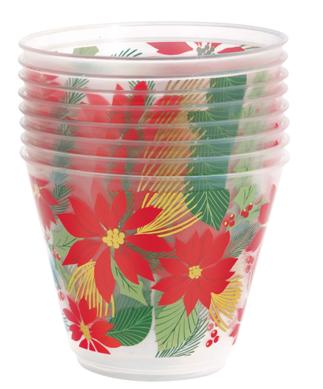 Clear plastic tumbler with red poinsettia and green holly leaf design, 9oz capacity.