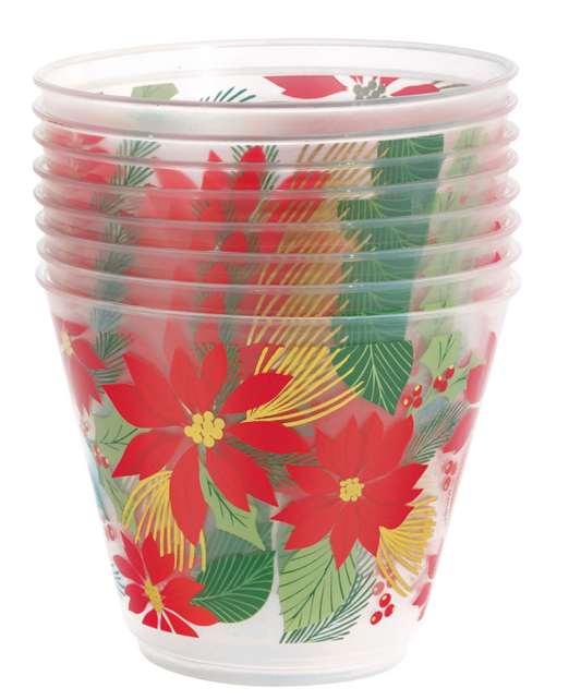 Clear plastic tumbler with red poinsettia and green holly leaf design, 9oz capacity.