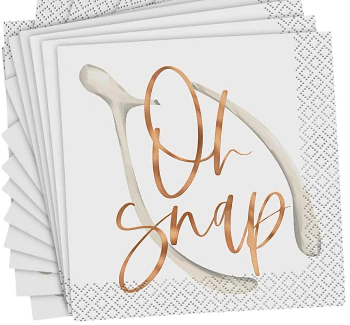 White beverage napkins with a silver wishbone and "Oh Snap" in metallic copper script, 16 count.