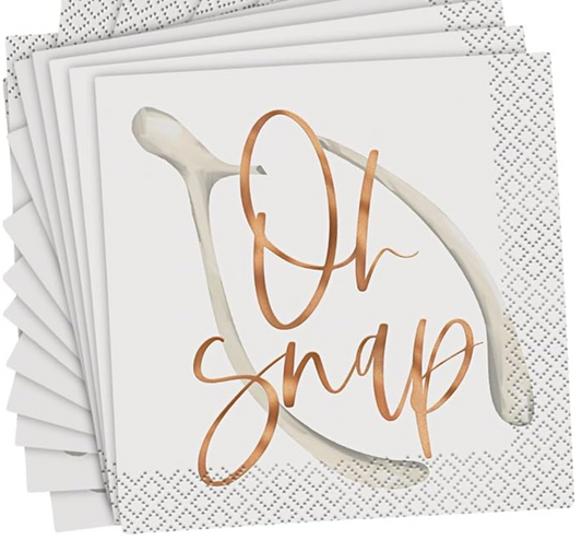 White beverage napkins with a silver wishbone and "Oh Snap" in metallic copper script, 16 count.