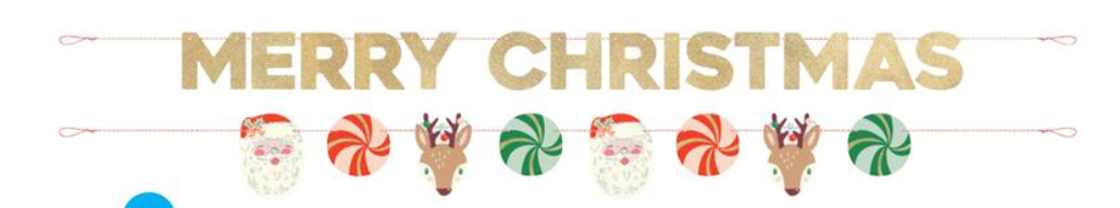 Gold glitter "Merry Christmas" banner with cartoon Santa, reindeer, peppermint, and wreath accents on string.