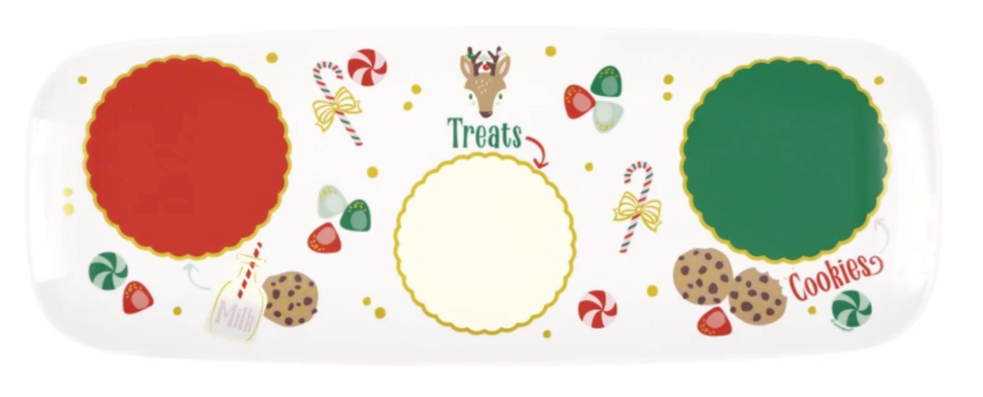 White plastic serving tray with three circular compartments in red, yellow, and green, decorated with gingerbread men, candy
