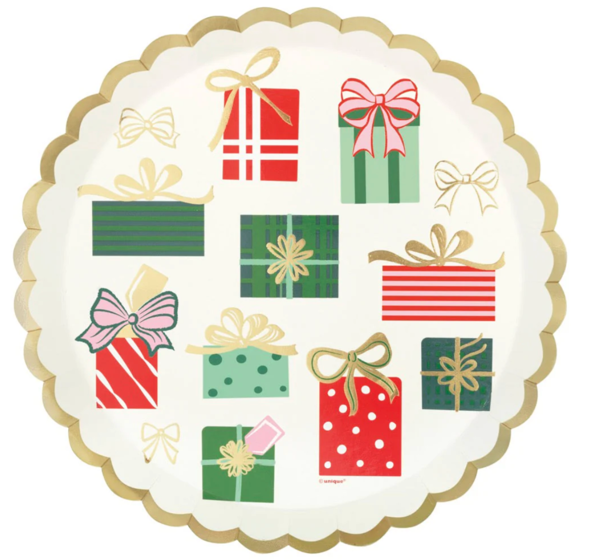 Round scalloped edge paper plates with gold trim, decorated with various wrapped Christmas presents in red, green, and gold.