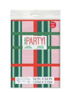 Checkered flannel-backed vinyl tablecover in red, green, pink, and cream, 54x84 inches, Christmas theme.
