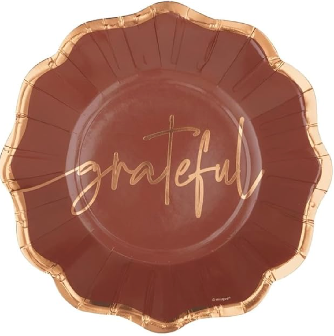 Brown scalloped paper plate with gold foil edge and "grateful" lettering in gold cursive, 8.25 inches.