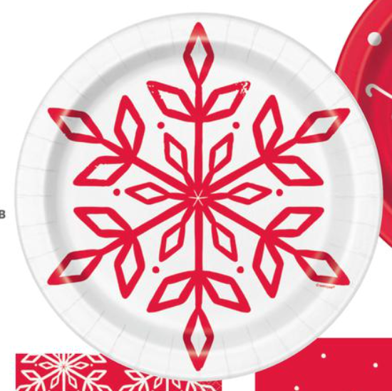 White 9-inch paper plate with a large red geometric snowflake design in the center.
