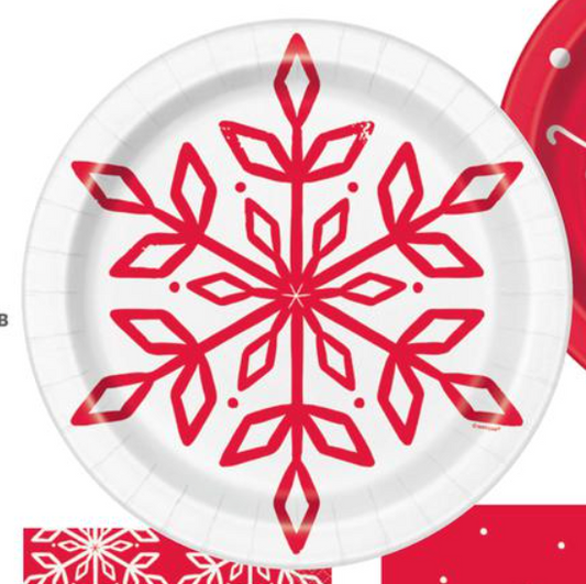 White 9-inch paper plate with a large red geometric snowflake design in the center.