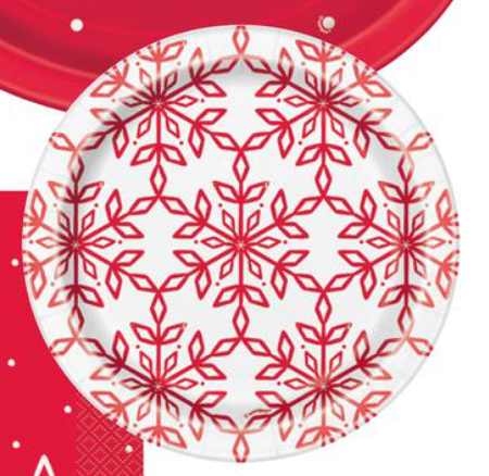 White 7-inch round plate with red snowflake pattern, glossy finish, festive design.