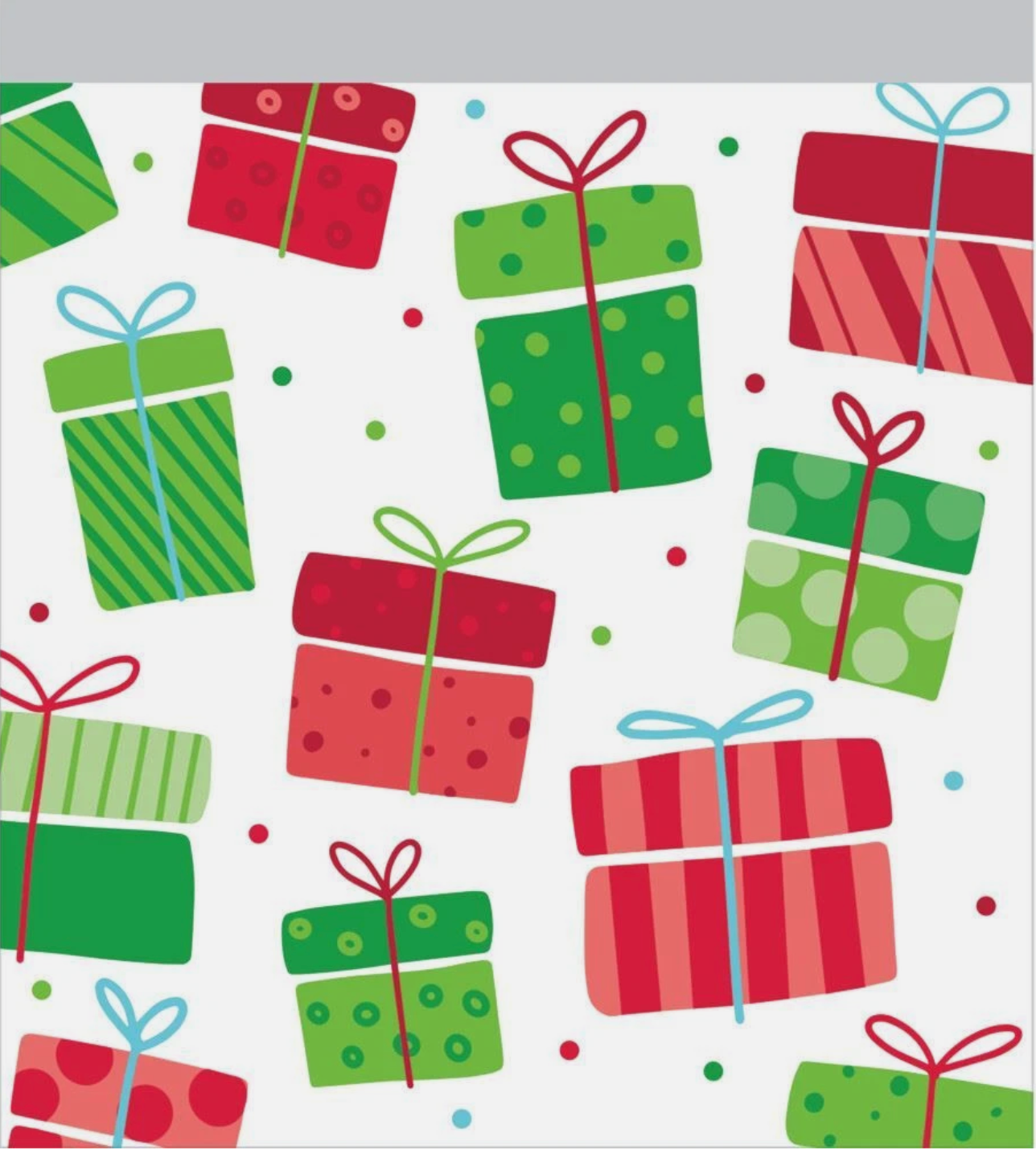 Clear sandwich zipper bag with colorful Christmas present patterns in red, green, and blue with bows and polka dot accents.