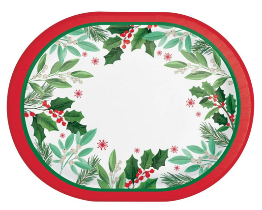 Oval platter with red border, white center, and green holly and leaves wreath design with red berries and snowflakes.
