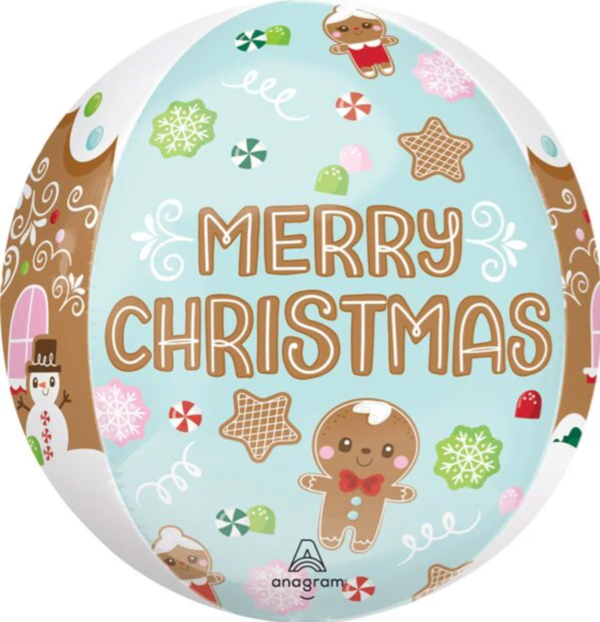 Round 16-inch balloon with blue background, gingerbread people, candy, snowflakes, and "Merry Christmas" text in brown.