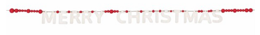 Red plastic bead banner spelling out Merry Christmas in block letters with round beads on each end.