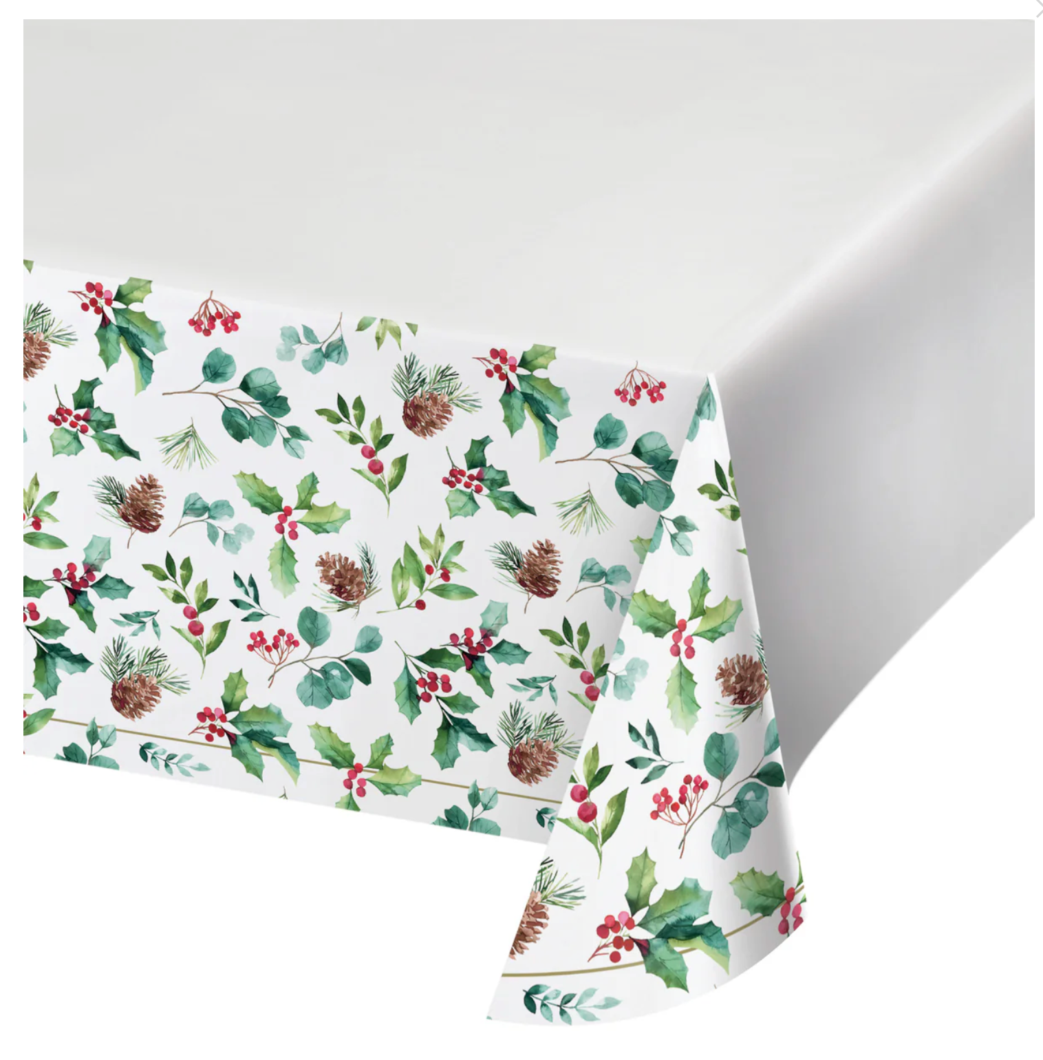 White paper tablecover with a festive border of green holly leaves, red berries, and brown pinecones.