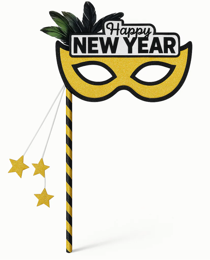 Yellow glittery masquerade mask on a black and yellow striped stick with "Happy New Year" text and three hanging gold star.