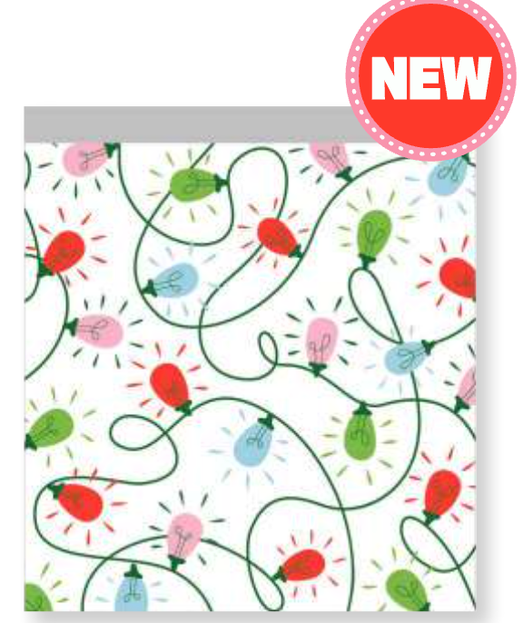 White zipper bag with colorful Christmas light bulbs in red, green, blue, and pink tangled on green wires.