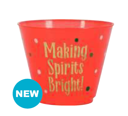 Red plastic tumbler with gold polka dots and "Making Spirits Bright!" text in gold.