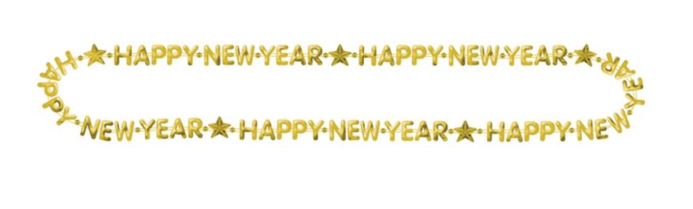 Gold bead necklace with repeating "Happy New Year" text and star accents.
