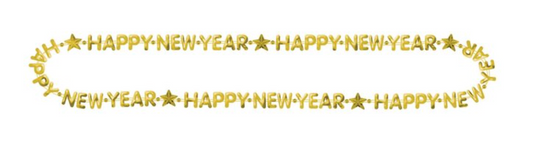 Gold bead necklace with repeating "Happy New Year" text and star accents.
