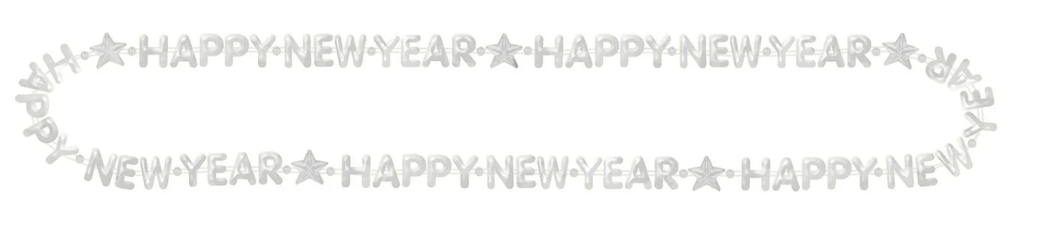Silver bead necklace with repeating "Happy New Year" star-shaped letters across its length.