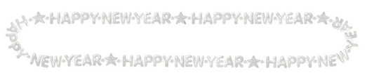 Silver bead necklace with repeating "Happy New Year" star-shaped letters across its length.