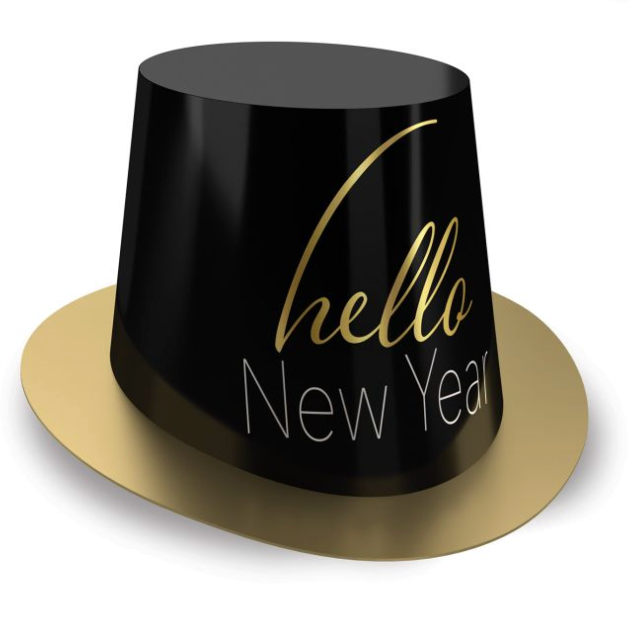 Black and gold top hat with "hello New Year" text, shiny gold brim, festive party accessory.