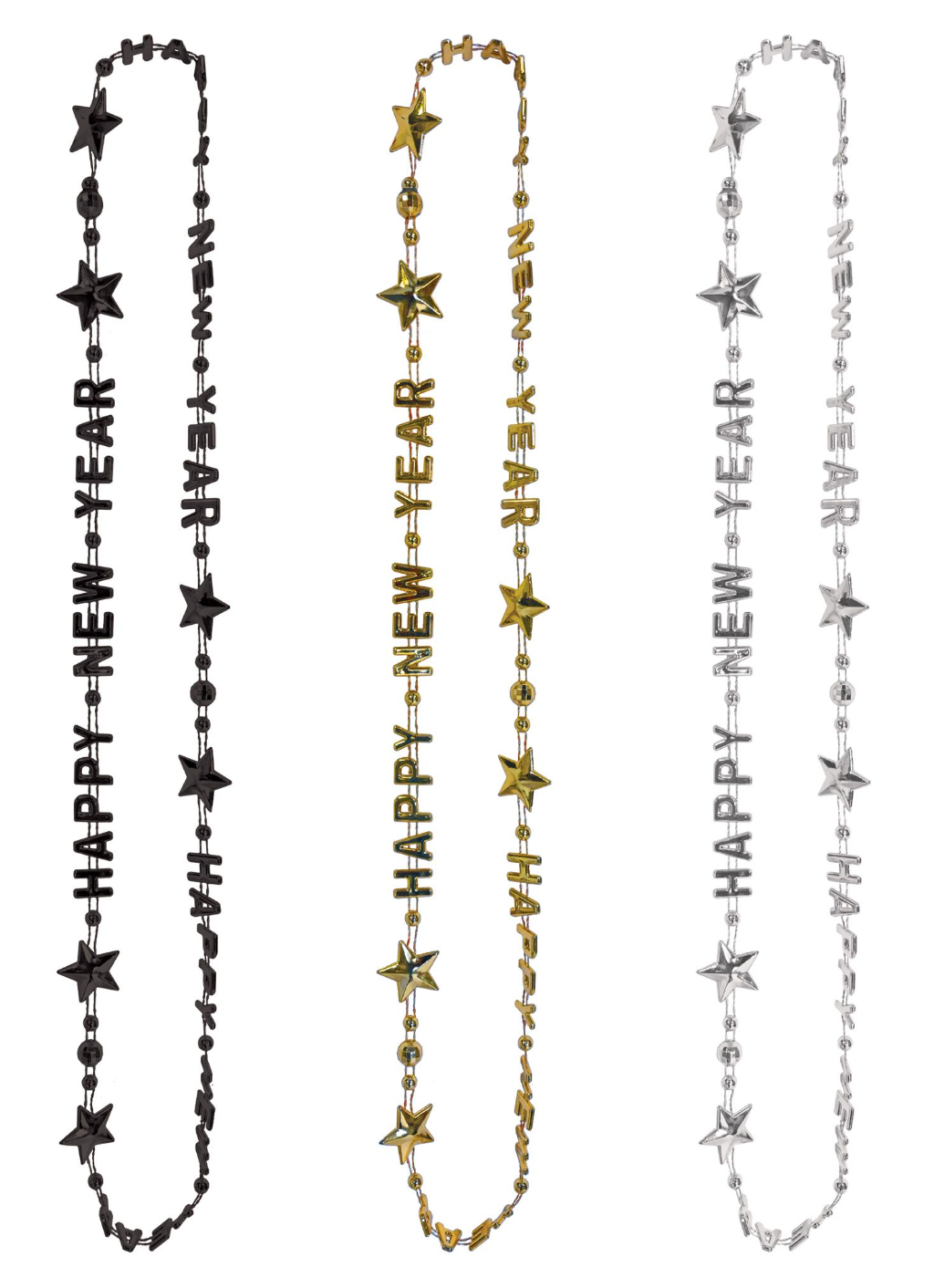 Black, gold, and silver metallic bead necklaces with "HAPPY NEW YEAR" letter charms and star accents.
