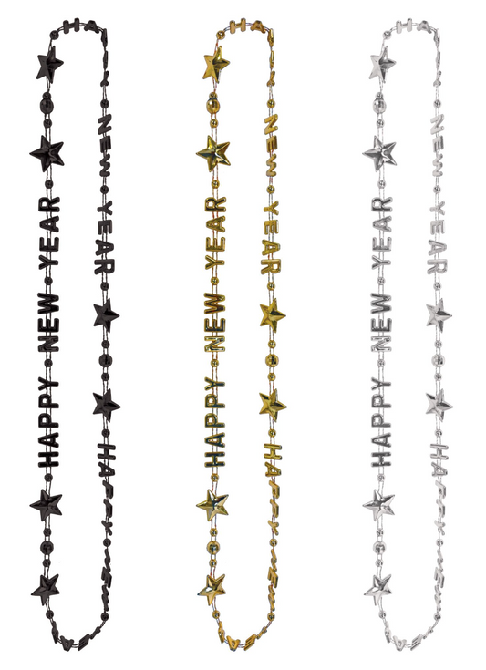 Black, gold, and silver metallic bead necklaces with "HAPPY NEW YEAR" letter charms and star accents.