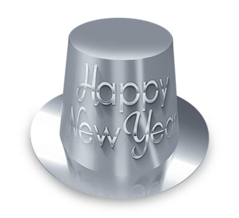 Silver metallic party hat with "Happy New Year" embossed in shiny letters and a wide brim.